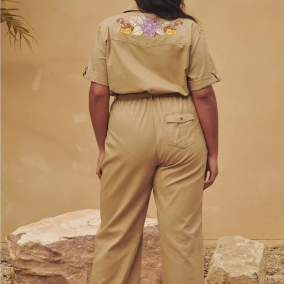 Spell Foxglove Embroidered Boiler Suit in Khaki - Picture 5 of 11